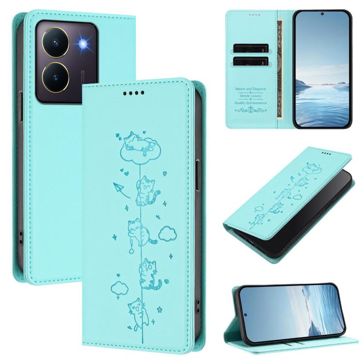 Cute Cats Embossed Magnetic RFID Vegan Leather Phone Case, For vivo X100 5G, For vivo Y36 4G / Y27s 4G