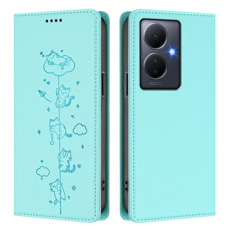 Cute Cats Embossed Magnetic RFID Vegan Leather Phone Case, For vivo Y78+ 5G / Y78 5G, For vivo Y100 5G / Y100A 5G India