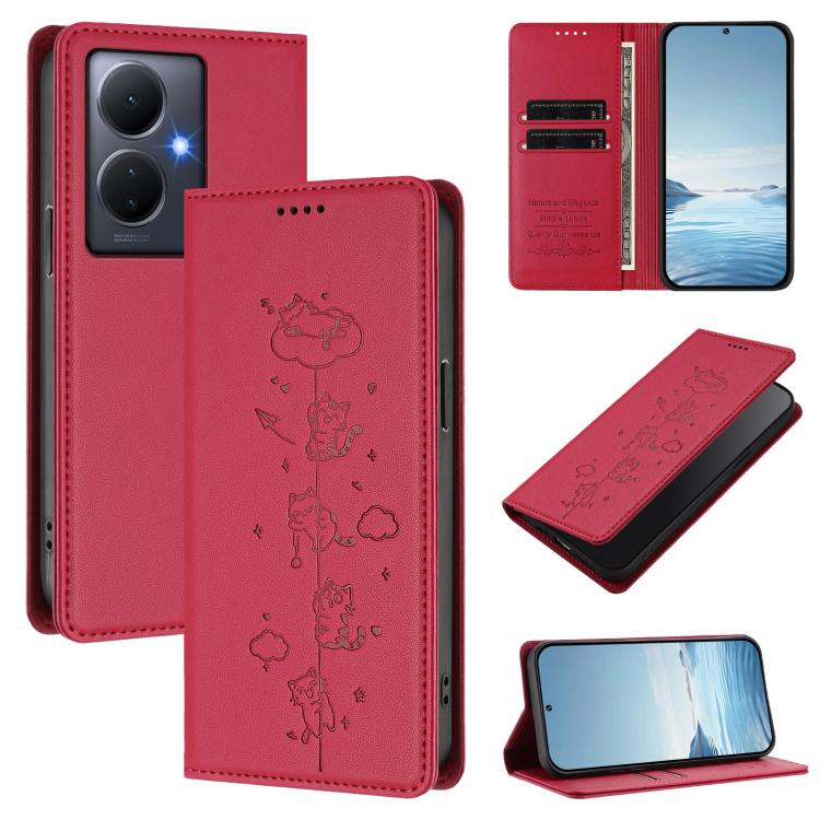 Cute Cats Embossed Magnetic RFID Vegan Leather Phone Case, For vivo Y78+ 5G / Y78 5G, For vivo Y100 5G / Y100A 5G India