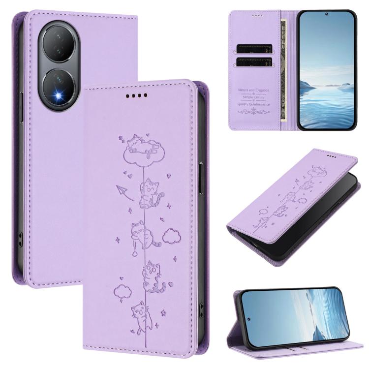 Cute Cats Embossed Magnetic RFID Vegan Leather Phone Case, For vivo Y78+ 5G / Y78 5G, For vivo Y100 5G / Y100A 5G India