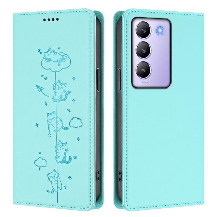 Cute Cats Embossed Magnetic RFID Vegan Leather Phone Case, For vivo Y100 5G / T3 5G IDN, For vivo S18 / S18 Pro / V30 / V30 Pro 5G