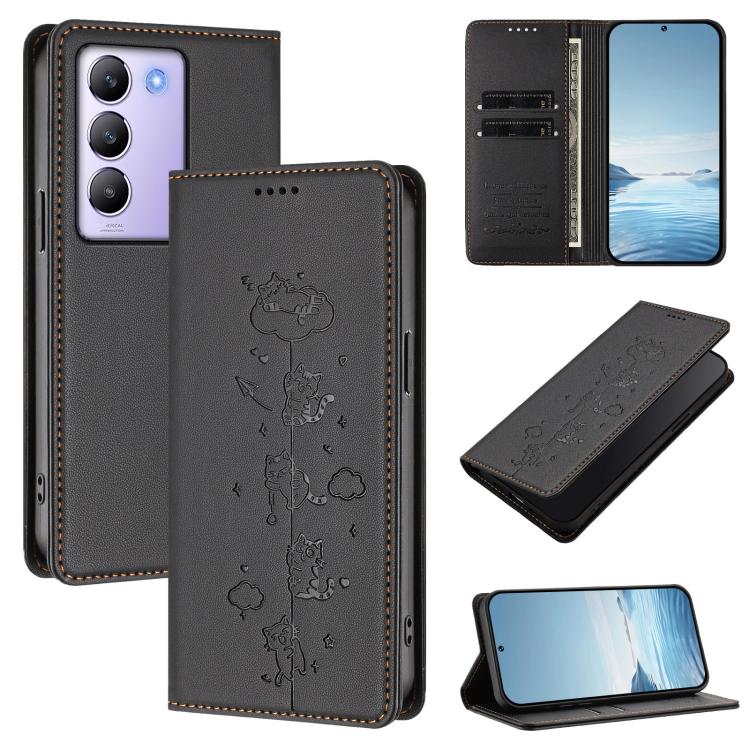 Cute Cats Embossed Magnetic RFID Vegan Leather Phone Case, For vivo Y100 5G / T3 5G IDN, For vivo S18 / S18 Pro / V30 / V30 Pro 5G