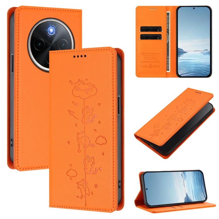 Cute Cats Embossed Magnetic RFID Vegan Leather Phone Case, For vivo X200s 5G, For vivo Y300 Pro+ 5G / T4 5G