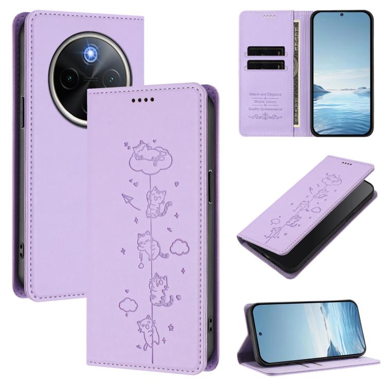 Cute Cats Embossed Magnetic RFID Vegan Leather Phone Case, For vivo X200s 5G, For vivo Y300 Pro+ 5G / T4 5G