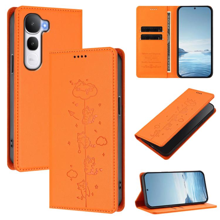 Cute Cats Embossed Magnetic RFID Vegan Leather Phone Case, For vivo Y400 5G / 4G, For vivo iQOO Neo 10+