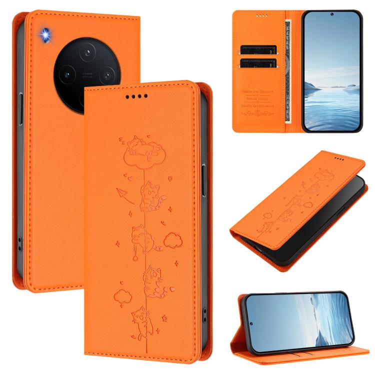 Cute Cats Embossed Magnetic RFID Vegan Leather Phone Case, For vivo Y500 Pro 5G, For vivo iQOO 15 5G
