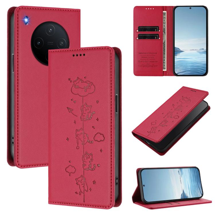Cute Cats Embossed Magnetic RFID Vegan Leather Phone Case, For vivo Y500 Pro 5G, For vivo iQOO 15 5G