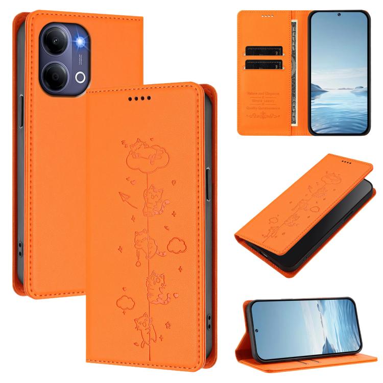 Cute Cats Embossed Magnetic RFID Vegan Leather Phone Case, For vivo Y21 5G 2026 / vivo Y05 4G, For vivo V70 FE 5G