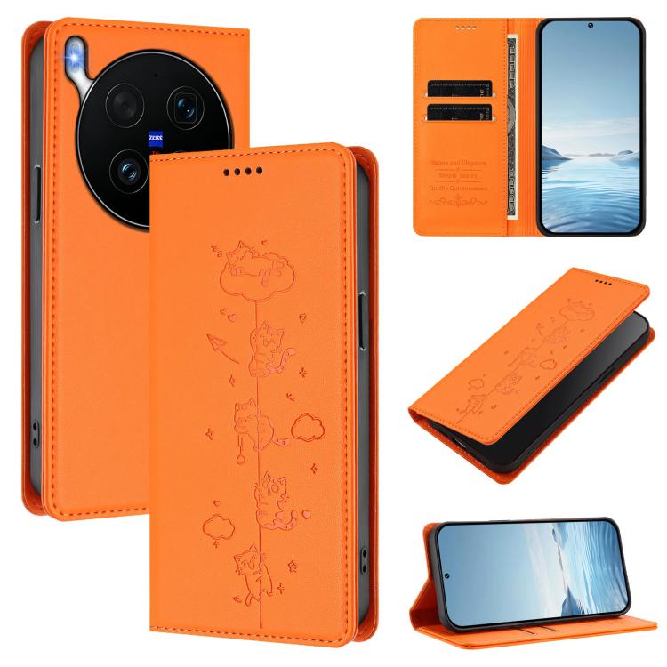 Cute Cats Embossed Magnetic RFID Vegan Leather Phone Case, For vivo X300 Ultra, For vivo S50 Pro mini 5G