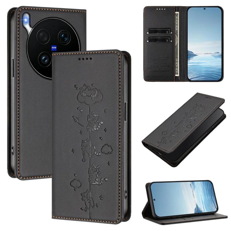 Cute Cats Embossed Magnetic RFID Vegan Leather Phone Case, For vivo X300 Ultra, For vivo S50 Pro mini 5G