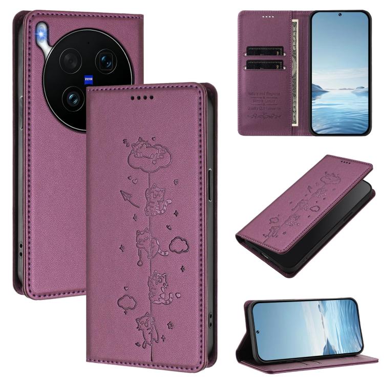 Cute Cats Embossed Magnetic RFID Vegan Leather Phone Case, For vivo X300 Ultra, For vivo S50 Pro mini 5G