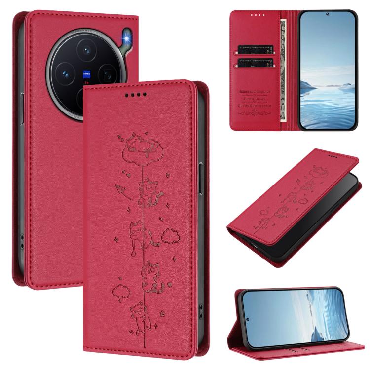 Cute Cats Embossed Magnetic RFID Vegan Leather Phone Case, For vivo X300 FE 5G / S50 Pro mini 5G, For vivo X300s