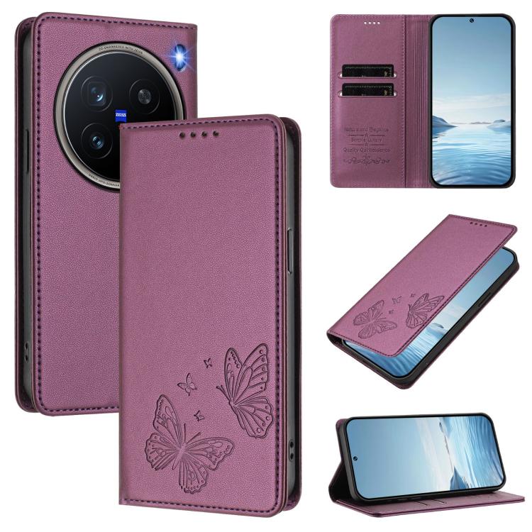 Strong Magnetic Dual Butterfly RFID Vegan Leather Phone Case, For vivo X200 Pro mini, For vivo X200 Pro 5G