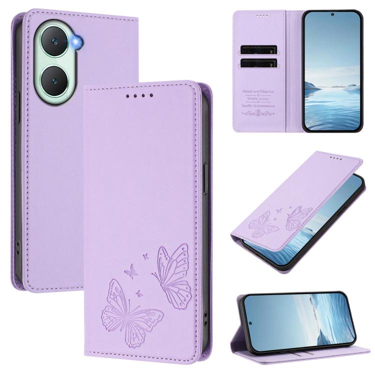 Strong Magnetic Dual Butterfly RFID Vegan Leather Phone Case, For vivo Y03 4G / Y18 4G / Y28s Global, For vivo S19