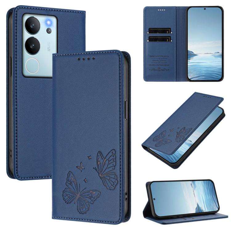 Strong Magnetic Dual Butterfly RFID Vegan Leather Phone Case, For vivo iQOO Z9 / Z9 Turbo, For vivo V29e 5G / Y200 5G / V30 Lite 5G Global