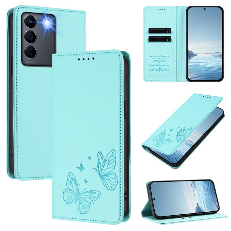 Strong Magnetic Dual Butterfly RFID Vegan Leather Phone Case, For vivo V27 / V27 Pro 5G Global, For vivo V27e 4G / T2 4G Global