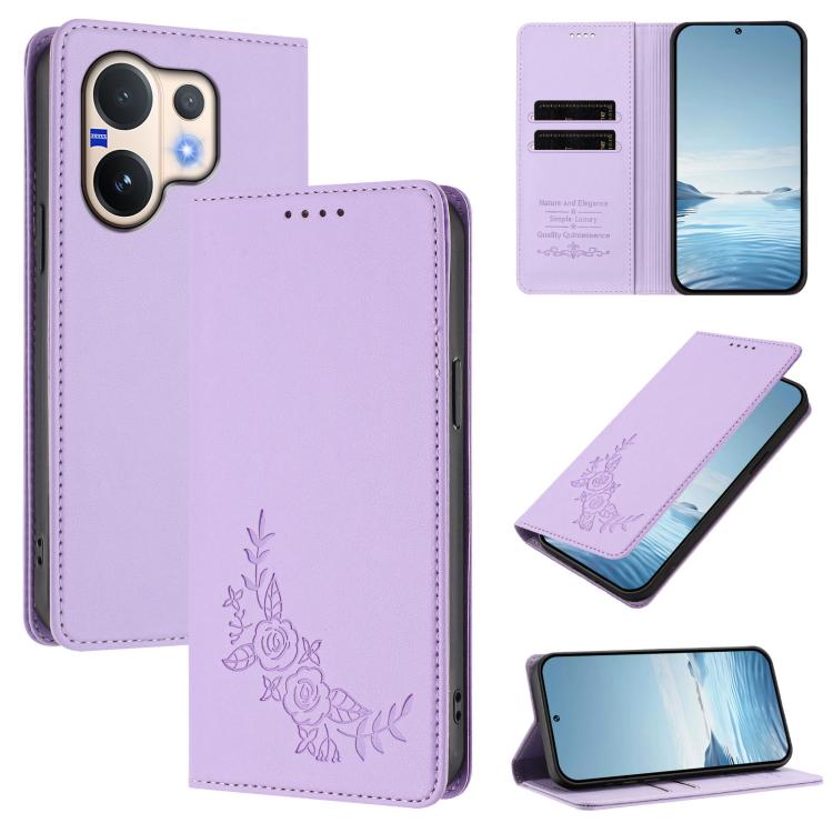 Peony Embossed Magnetic RFID Vegan Leather Phone Case, For vivo V60 5G / V60e 5G Global, For vivo Y31 5G Global / Y21d 4G