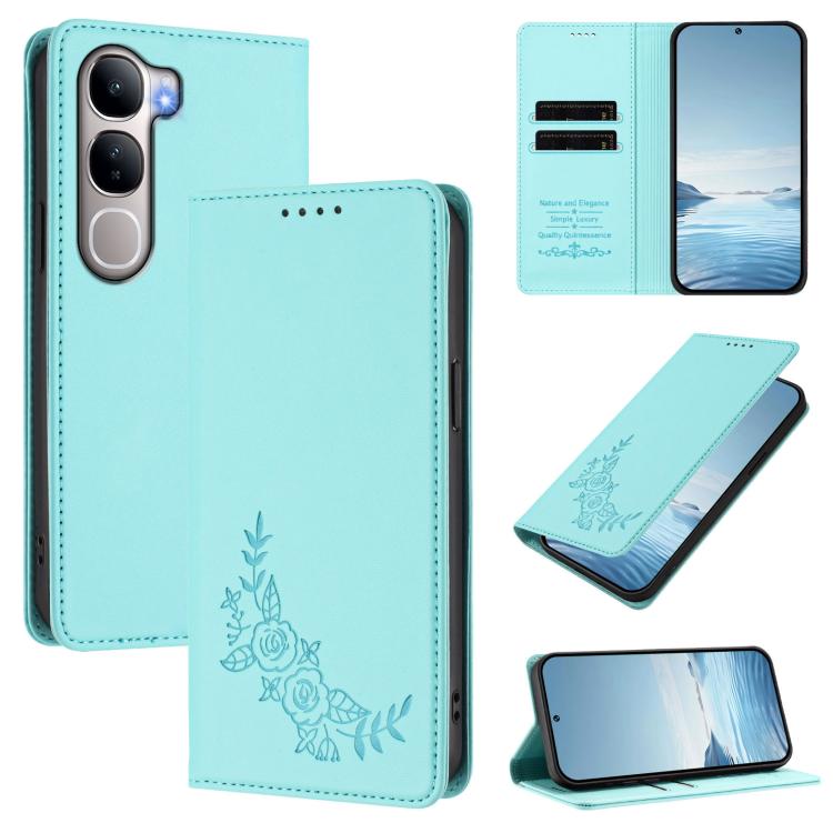 Peony Embossed Magnetic RFID Vegan Leather Phone Case, For vivo V60 5G / V60e 5G Global, For vivo Y31 5G Global / Y21d 4G