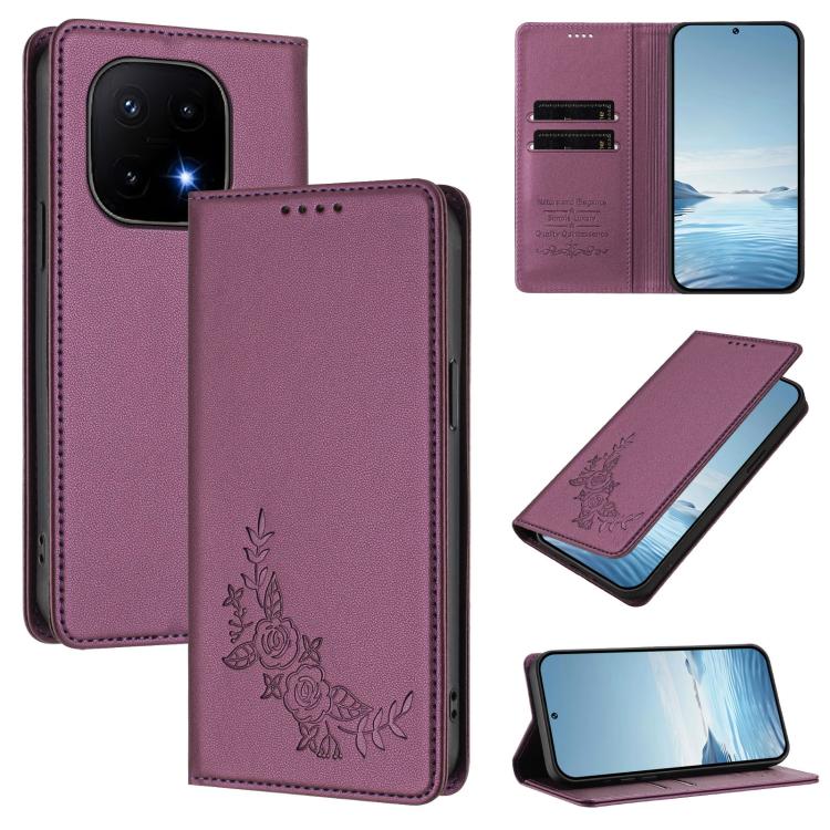 Peony Embossed Magnetic RFID Vegan Leather Phone Case, For vivo iQOO 15 5G, For vivo X300 Pro
