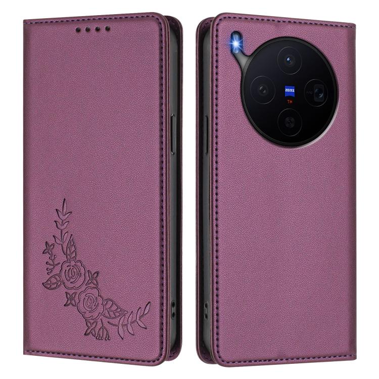 Peony Embossed Magnetic RFID Vegan Leather Phone Case, For vivo X300, For vivo V60 Lite 5G Global