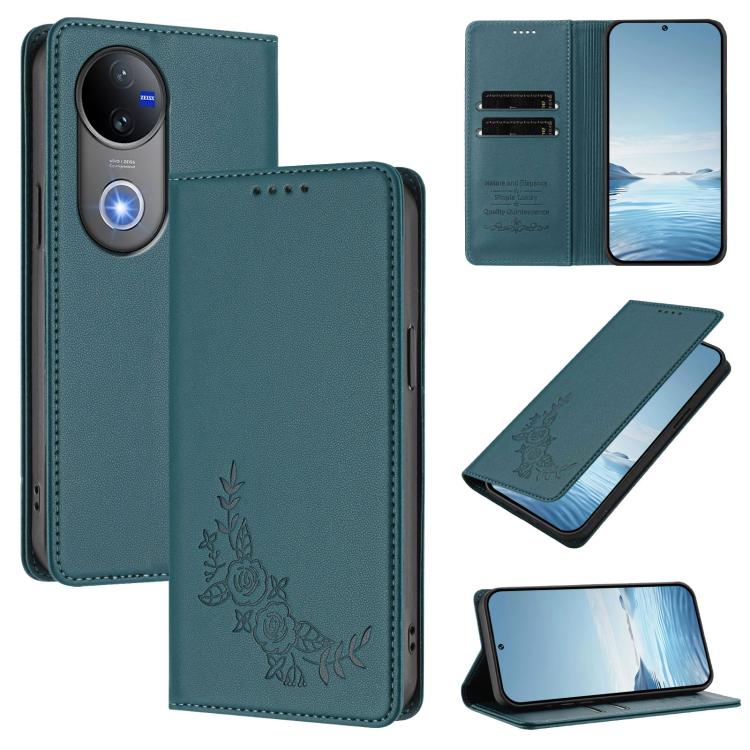 Peony Embossed Magnetic RFID Vegan Leather Phone Case, For vivo V50 5G Global / V50e 5G, For vivo V50 Lite 5G / 4G Global
