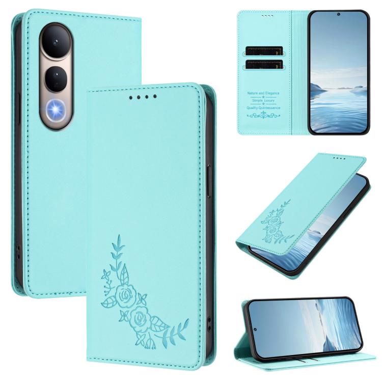 Peony Embossed Magnetic RFID Vegan Leather Phone Case, For vivo V50 5G Global / V50e 5G, For vivo V50 Lite 5G / 4G Global