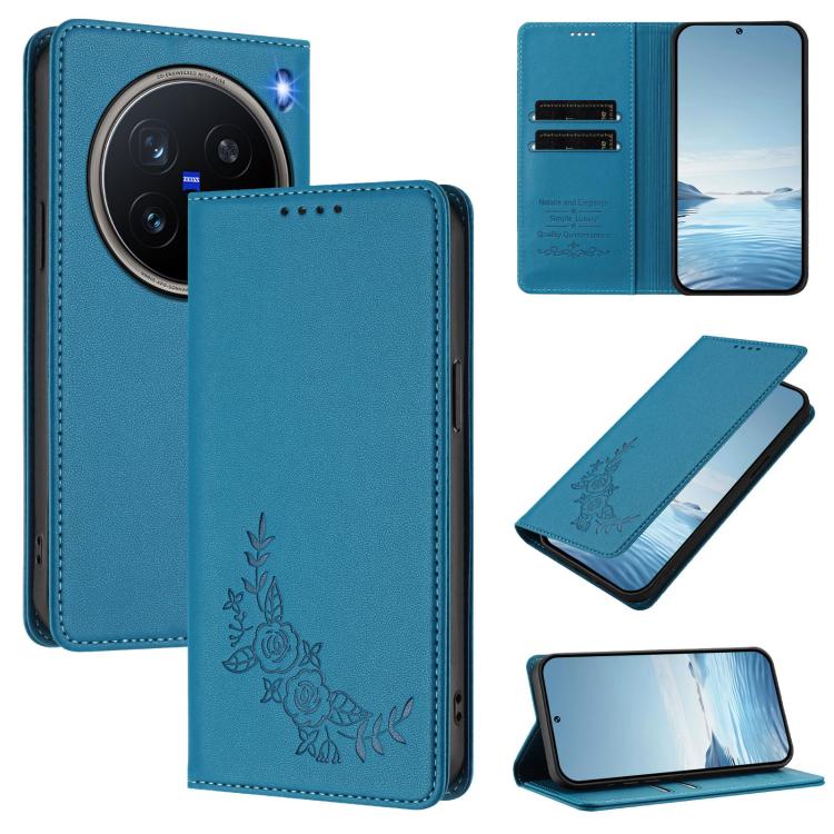 Peony Embossed Magnetic RFID Vegan Leather Phone Case, For vivo X200 Pro mini, For vivo X200 Pro 5G