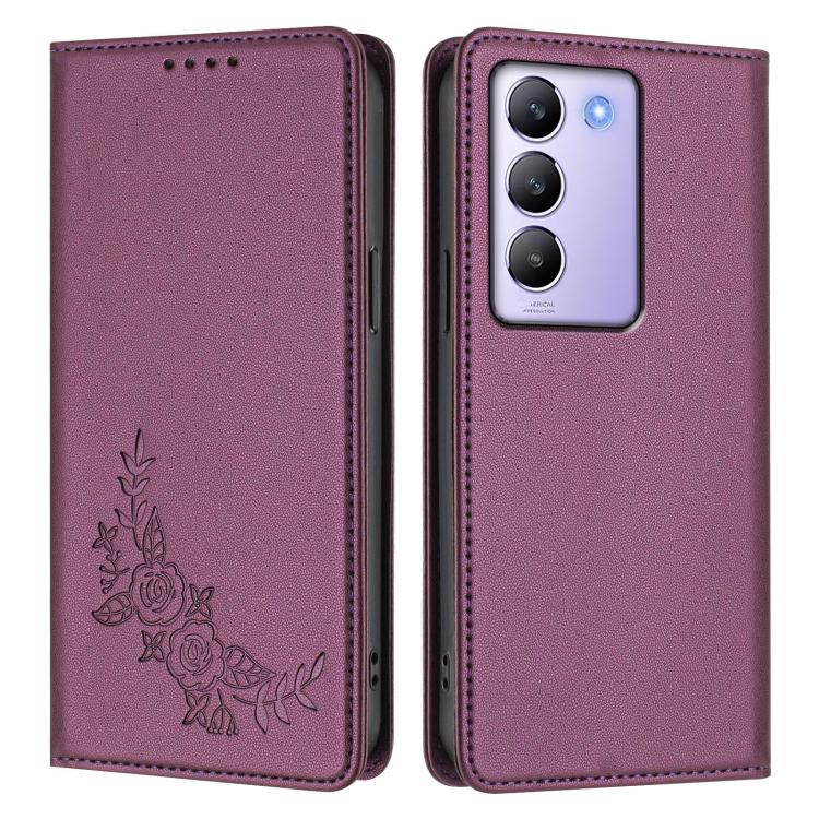 Peony Embossed Magnetic RFID Vegan Leather Phone Case, For vivo Y100 5G IDN / T3 5G IDN, For vivo V40e 5G India / iQOO Z9s 5G