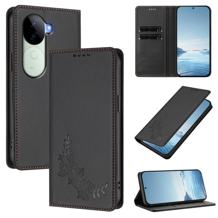 Peony Embossed Magnetic RFID Vegan Leather Phone Case, For vivo Y100 5G IDN / T3 5G IDN, For vivo V40e 5G India / iQOO Z9s 5G