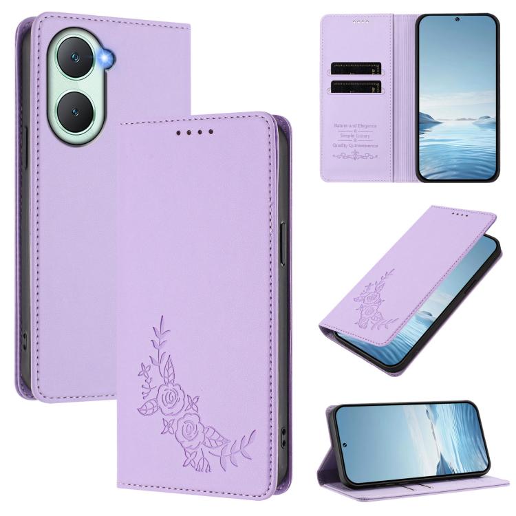 Peony Embossed Magnetic RFID Vegan Leather Phone Case, For vivo Y03 4G / Y18 4G / Y28s Global, For vivo V40 Lite 5G / V30e 5G Global