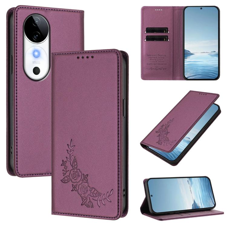 Peony Embossed Magnetic RFID Vegan Leather Phone Case, For vivo S19, For vivo Y28 4G Global