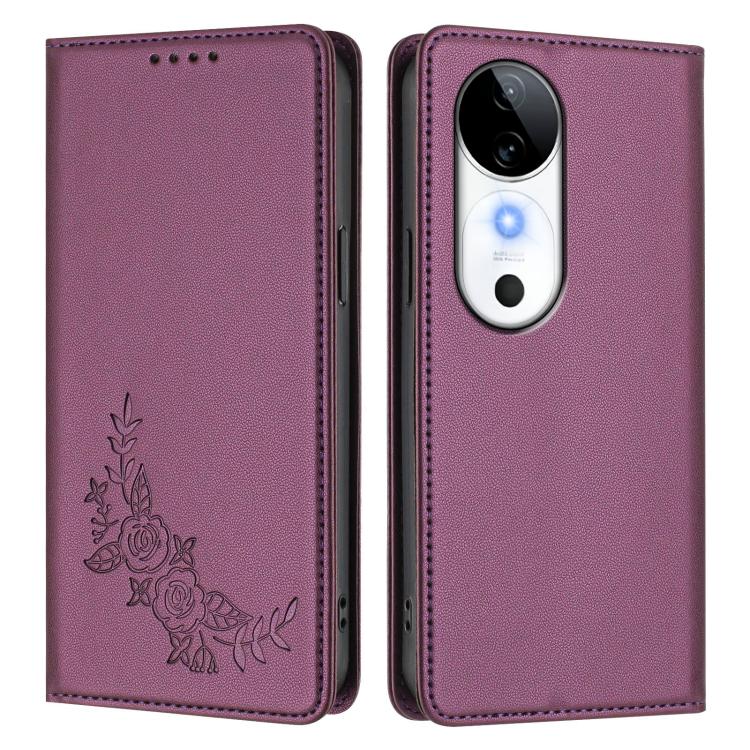 Peony Embossed Magnetic RFID Vegan Leather Phone Case, For vivo S19, For vivo Y28 4G Global