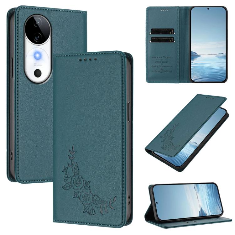 Peony Embossed Magnetic RFID Vegan Leather Phone Case, For vivo S19, For vivo Y28 4G Global