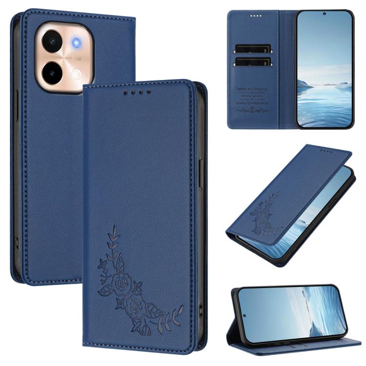 Peony Embossed Magnetic RFID Vegan Leather Phone Case, For vivo S19, For vivo Y28 4G Global