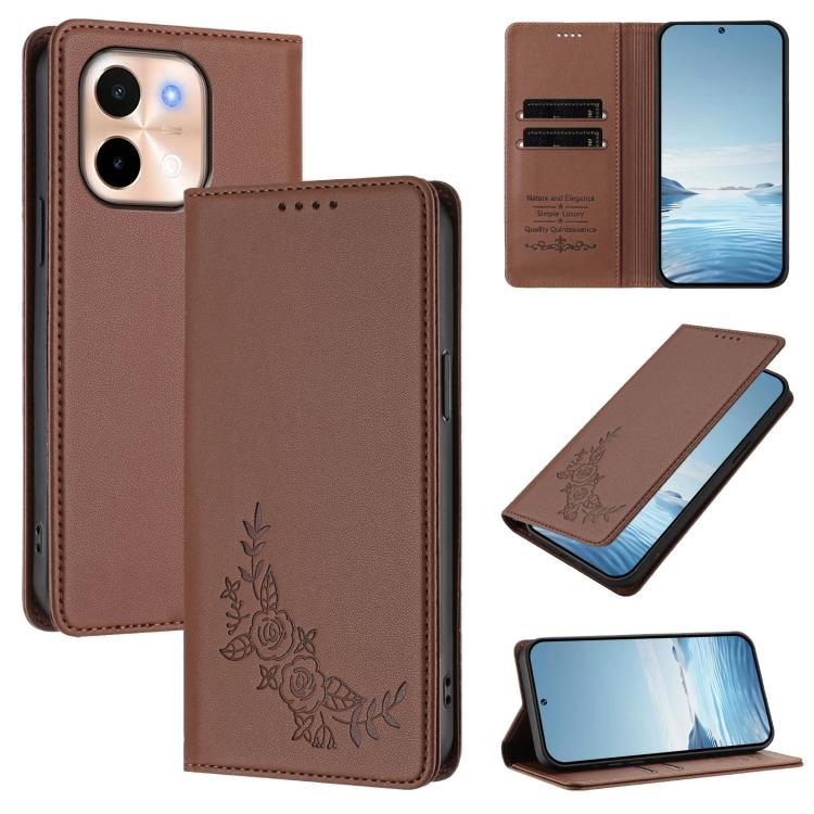 Peony Embossed Magnetic RFID Vegan Leather Phone Case, For vivo S19, For vivo Y28 4G Global