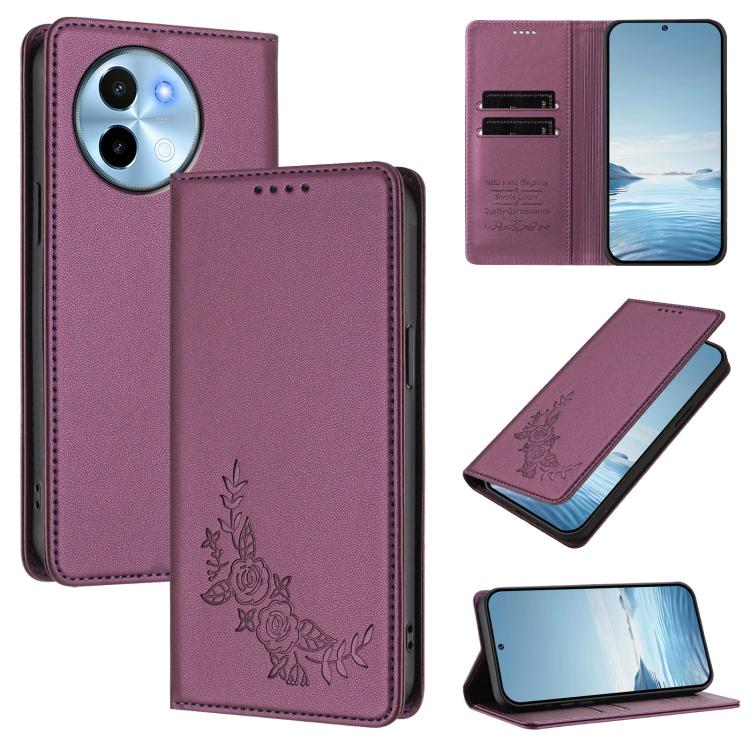 Peony Embossed Magnetic RFID Vegan Leather Phone Case, For vivo Y38 5G / T3x 5G Global, For vivo iQOO Z9x