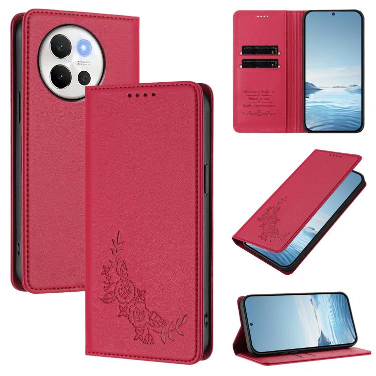 Peony Embossed Magnetic RFID Vegan Leather Phone Case, For vivo Y03 4G / Y18 4G / Y28s Global, For vivo V40 Lite 5G / V30e 5G Global