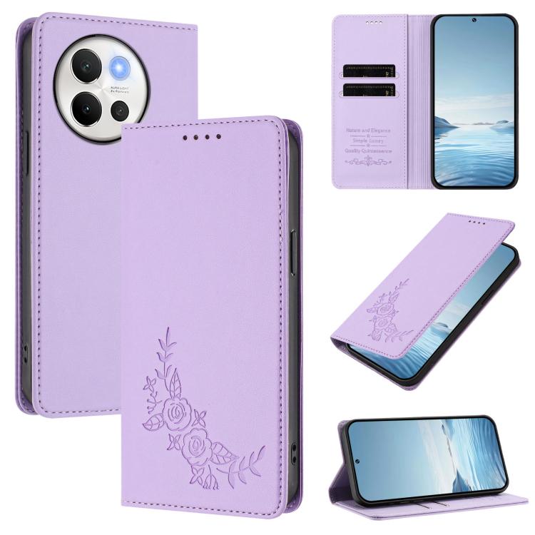 Peony Embossed Magnetic RFID Vegan Leather Phone Case, For vivo Y03 4G / Y18 4G / Y28s Global, For vivo V40 Lite 5G / V30e 5G Global