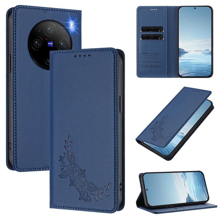 Peony Embossed Magnetic RFID Vegan Leather Phone Case, For vivo V29e 5G / Y200 5G / V30 Lite 5G Global, For vivo X100 5G