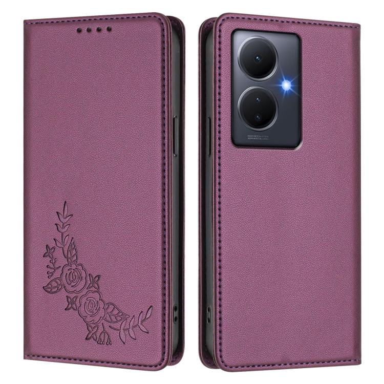 Peony Embossed Magnetic RFID Vegan Leather Phone Case, For vivo Y78+ 5G / Y78 5G Global, For vivo Y100 5G / Y100A 5G India