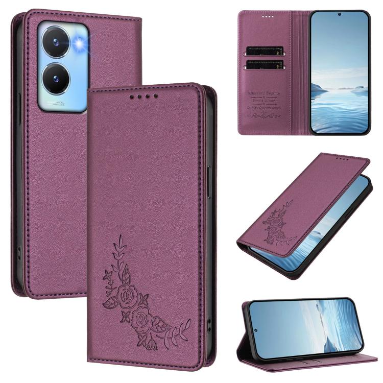 Peony Embossed Magnetic RFID Vegan Leather Phone Case, For vivo Y56 5G / Y16 4G / Y02s 4G, For vivo V27 / V27 Pro 5G Global