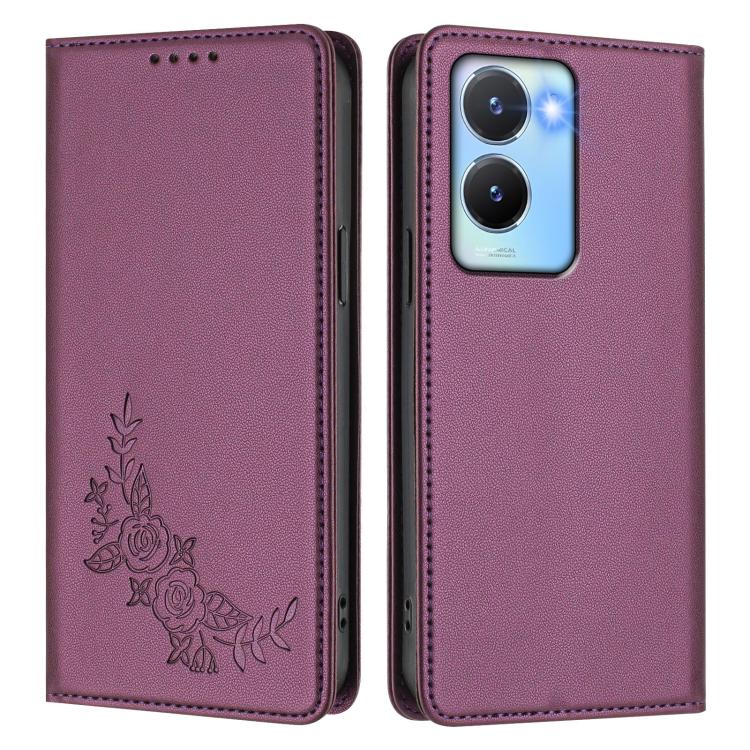 Peony Embossed Magnetic RFID Vegan Leather Phone Case, For vivo Y56 5G / Y16 4G / Y02s 4G, For vivo V27 / V27 Pro 5G Global