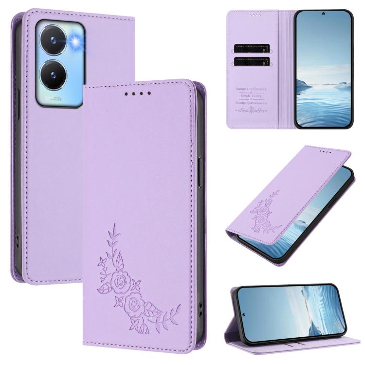 Peony Embossed Magnetic RFID Vegan Leather Phone Case, For vivo Y56 5G / Y16 4G / Y02s 4G, For vivo V27 / V27 Pro 5G Global