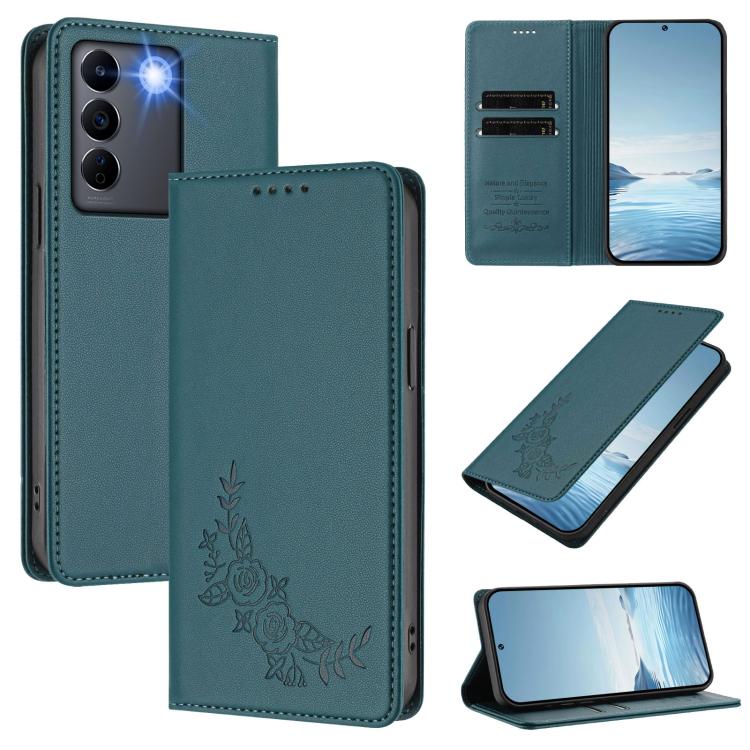 Peony Embossed Magnetic RFID Vegan Leather Phone Case, For vivo Y56 5G / Y16 4G / Y02s 4G, For vivo V27 / V27 Pro 5G Global