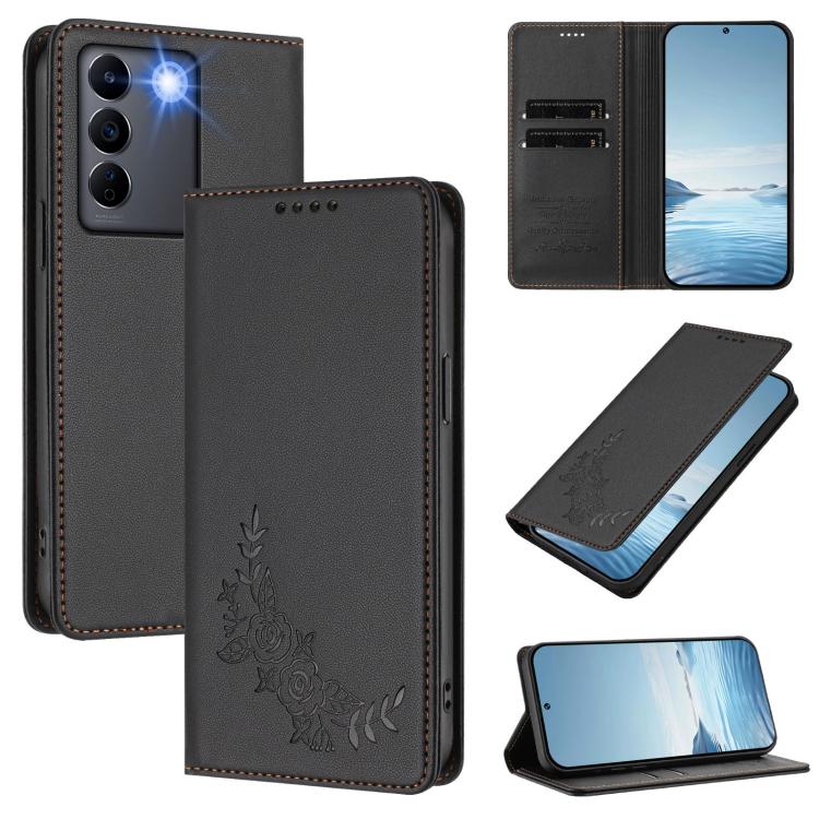 Peony Embossed Magnetic RFID Vegan Leather Phone Case, For vivo Y56 5G / Y16 4G / Y02s 4G, For vivo V27 / V27 Pro 5G Global