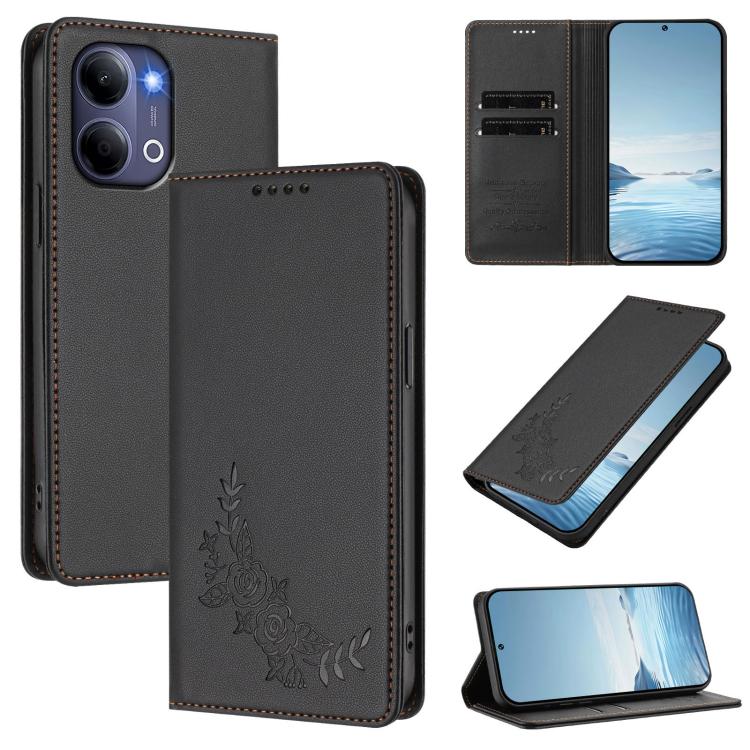 Peony Embossed Magnetic RFID Vegan Leather Phone Case, For vivo Y21 5G Global / Y05 4G, For vivo Y21 5G 2026 / Y04 4G