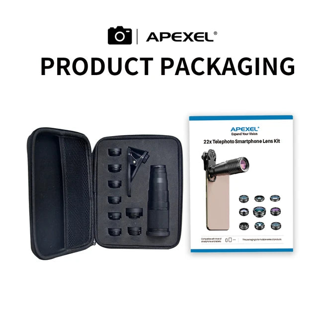 APEXEL 10 in 1 Combo Pack 22X Mobile Zoom Lens, Fisheye lens, Wide Angle, Macro, and Filters Combo engnew29 engnew55 Filters Fisheye Macro Wide Angle Zoom - APEXEL INDIA - Mobile Lens - Mobile Camera Lens - Cellphone Accessories - Phone Lens - Smartphone Lens