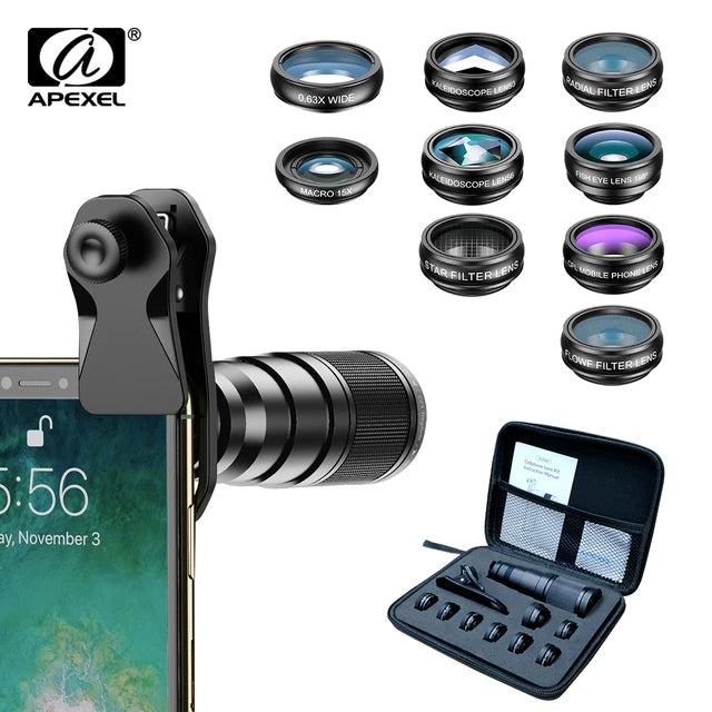 [New] APEXEL 10 in 1 Combo Pack 22X Mobile Zoom Lens, Fisheye lens, Wide Angle, Macro, and Filters Combo - APEXEL INDIA - Mobile Lens - Mobile Camera Lens - Cellphone Accessories - Phone Lens - Smartphone Lens