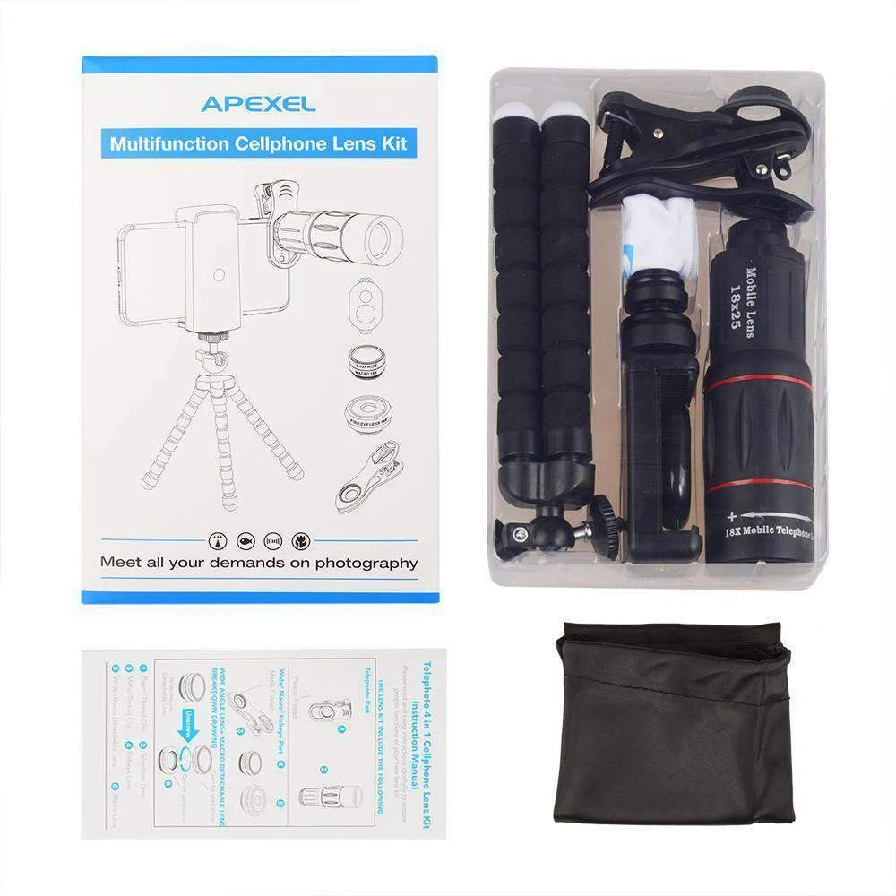 Apexel 18x Super Zoom Mobile Smartphone Lens + Macro + Wide Angle + Fisheye Lens Combo engape19 Zoom - APEXEL INDIA - Mobile Lens - Mobile Camera Lens - Cellphone Accessories - Phone Lens - Smartphone Lens