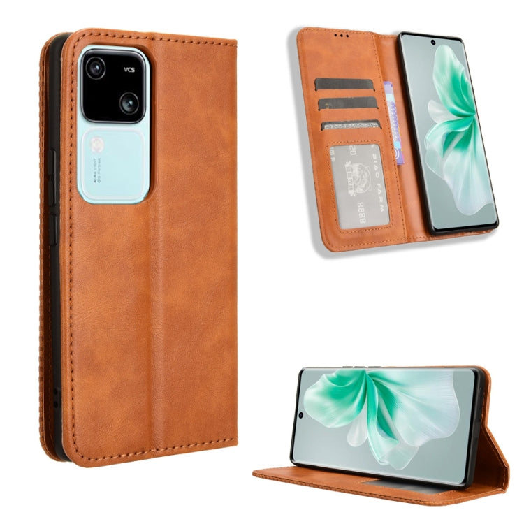 Magnetic Buckle Retro Texture Leather Phone Case, For vivo Y03 4G, For vivo Y200e 5G / Y100 5G IND, For vivo V30 5G / V30 Pro 5G, For vivo S18 5G / S18 Pro, For vivo S18e 5G, For vivo X100 Pro 5G